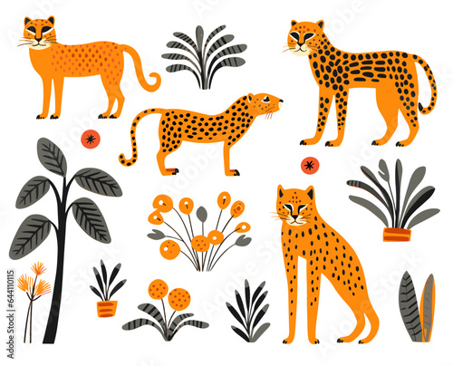 Vector set of leopards or cheetahs and tropical leaves. Fashionable illustration.