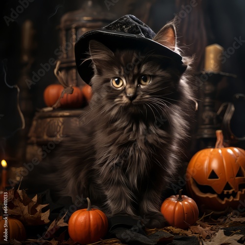 Photo of a Halloween-themed black cat wearing a witches hat surrounded by pumpkins created with Generative AI technology