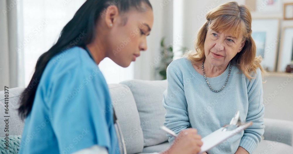 Fototapeta premium Clipboard, senior woman talking or nurse writing answers, ask question or check healthcare info, medical summary or survey. Questionnaire, retirement home or caregiver consulting with elderly patient
