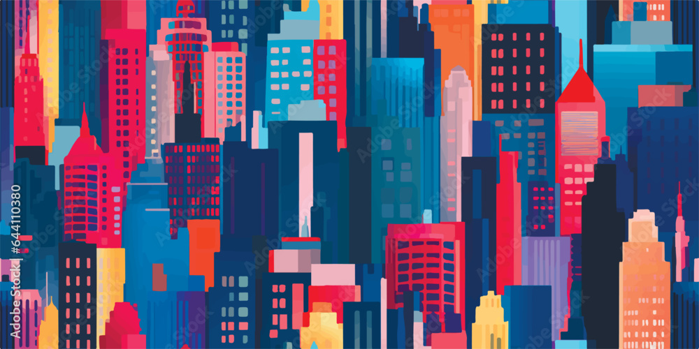 Hand drawn seamless pattern with big city New York. Vector vintage illustration with NYC architecture, skyscrapers, megapolis, buildings, downtown. - obrazy, fototapety, plakaty 
