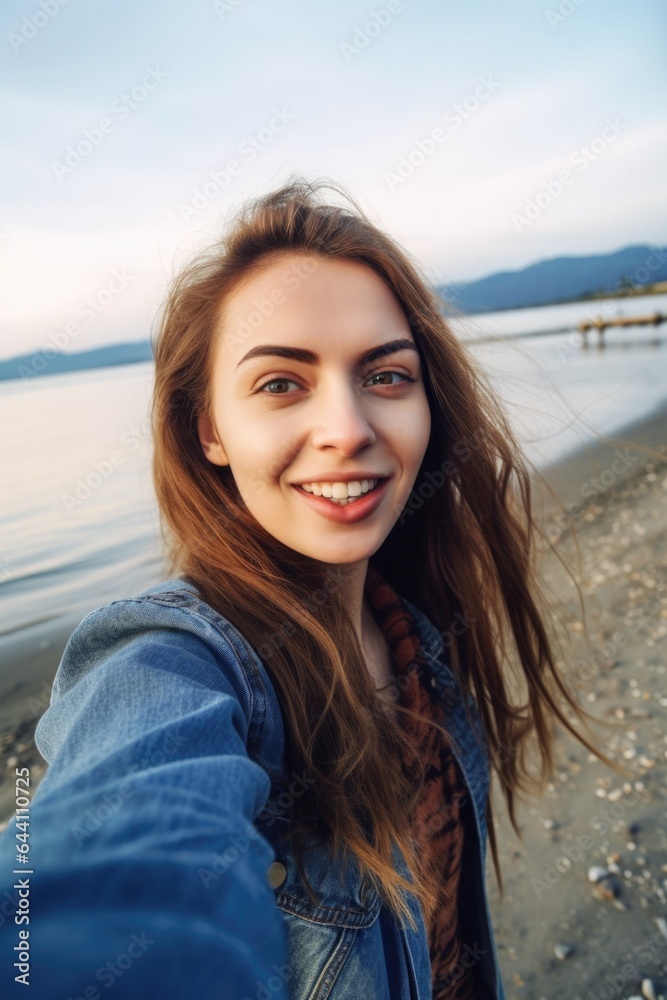 portrait of a young woman taking selfies on the beach