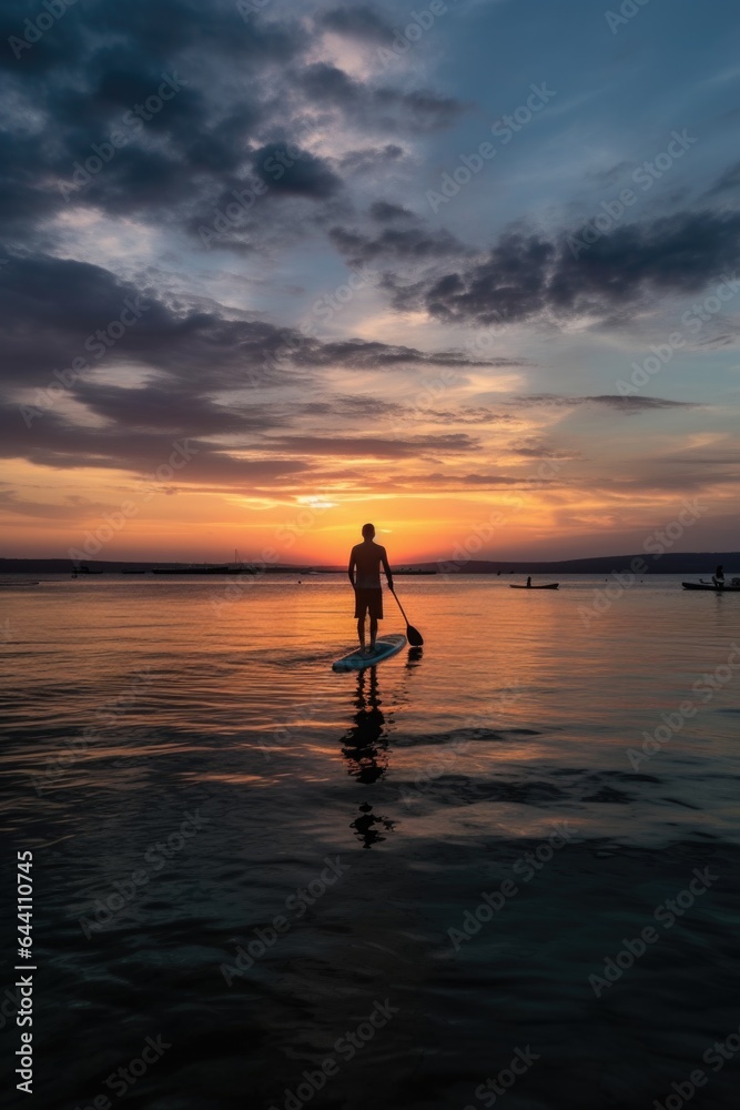 paddleboard, sunset and man with smile on water in bali for fitness, workout and health