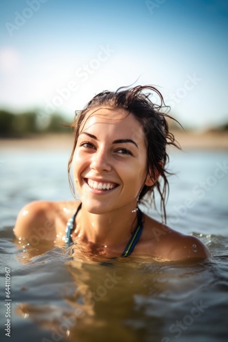 portrait of a young woman enjoying water activities at the beach