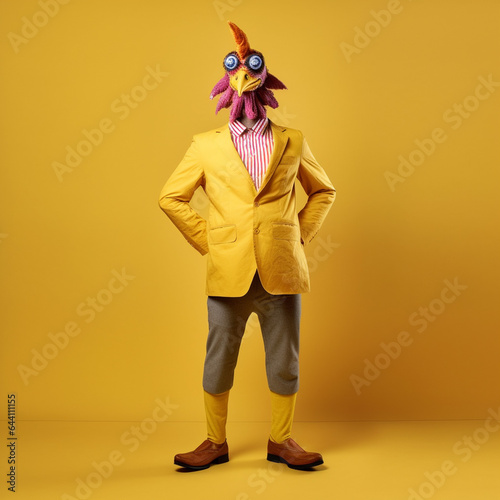 Chicken shop worker. Man dressed in a chicken outfit.  Chicken burger, a chicken burger with sauce