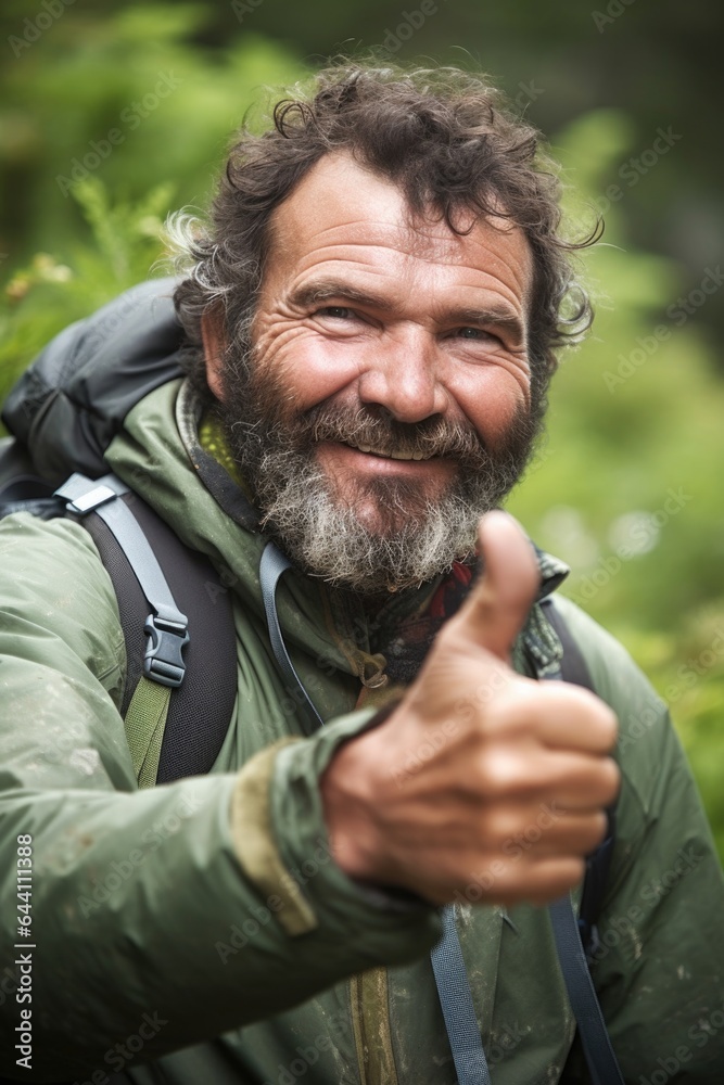 closeup of a man showing the thumbs up in nature