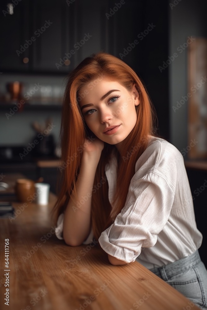 cropped shot of an attractive young woman leaning on a wooden table in the kitchen at home cropped shot of an attractive young woman leaning on a wooden table in the kitchen at home