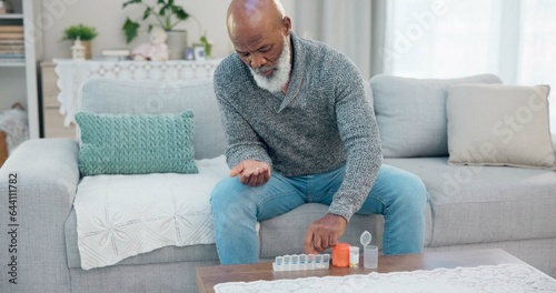 Container, senior black man and organise pills tablet, health medication or pharmaceutical prescription. Home sofa, medical supplement drugs and African elderly person set daily healthcare medicine