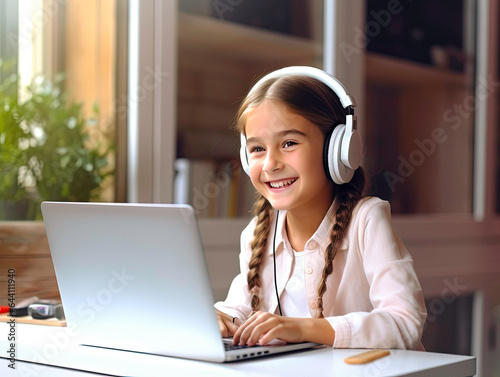 Caucasian girl learning online remotely With Laptop. A little young woman wearing headphone study at home.