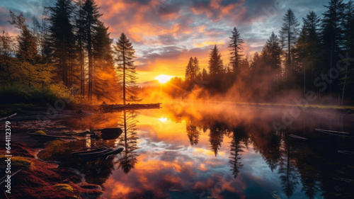 Photograph Capturing the Reflection of a Vibrant Sunrise on a Calm River Surrounded by a Forest. AI Generated 8K.