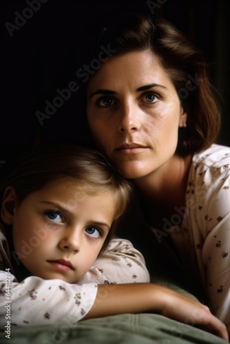 a young girl looking thoughtful while lying on her mother