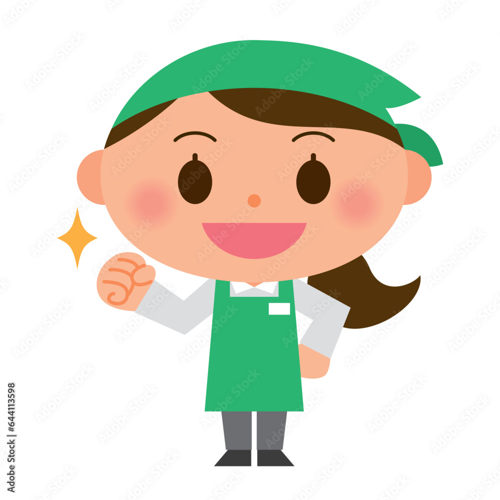 ガッツポーズ　エプロン姿の女性