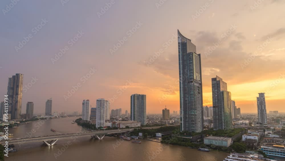 Bangkok city skyline day to night sunset timelapse at city center and Chao Phraya River, Thailand 4K time lapse Bangkok city skyline day to night sunset timelapse at city center and Chao Phraya River, Thailand 4K time lapse
