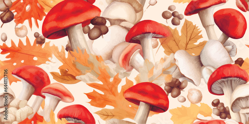 Autumn seamless pattern with mushrooms, berries and bugs. Natural trendy print