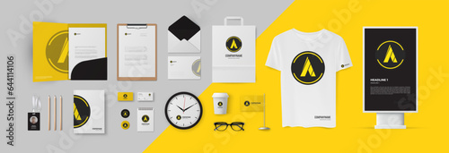 Industrial technical style corporate branding, yellow color gamma and triangle logo, circle form sign. Mega pack of stationery elements: folder, envelope, business cards and street light box.