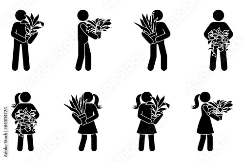 Stick figure man and woman holding home flower in pot vector illustration set. Stickman person carry house plant icon silhouette pictogram