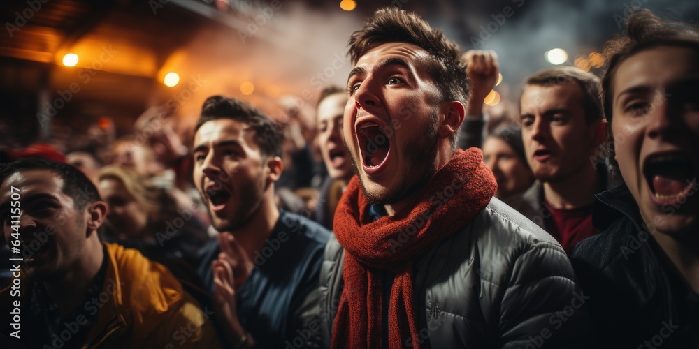 Soccer fans cheering for favourite team with bright emotions. Generative AI