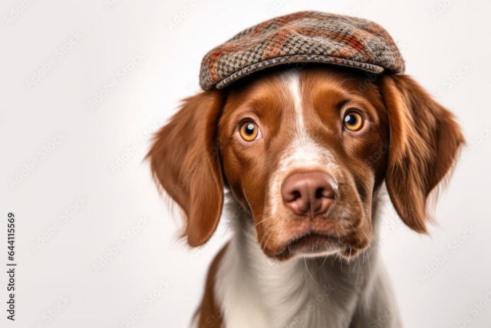 Medium shot portrait photography of a funny brittany dog wearing a beret against a white background. With generative AI technology
