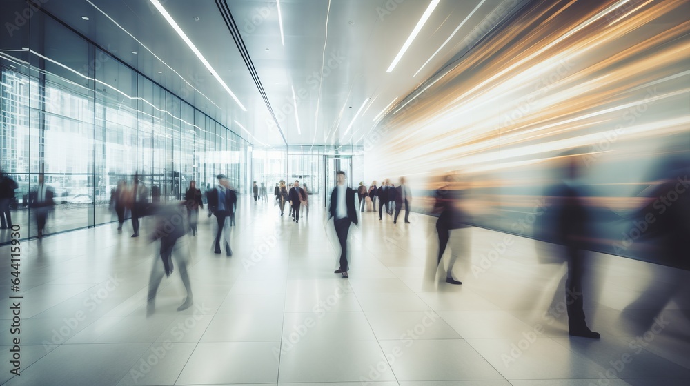 Long exposure shot of crowd of business people walking in bright office lobby fast moving with blur. Abstract blurred office interior space background. blue and orange colors. Business concept