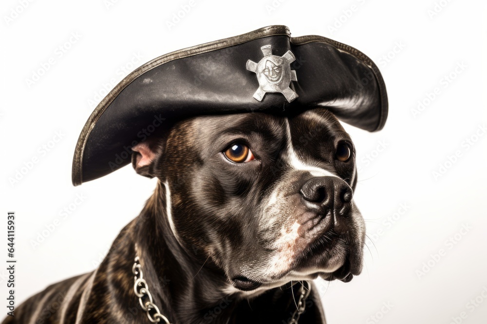 Medium shot portrait photography of a funny staffordshire bull terrier wearing a pirate hat against a white background. With generative AI technology