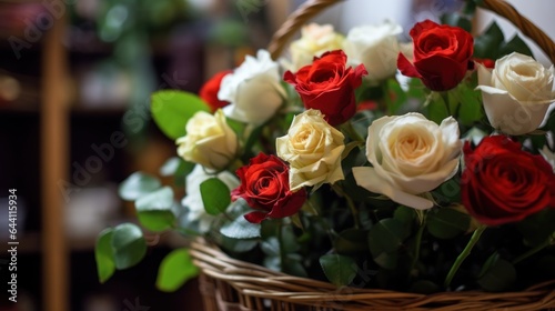 Bouquet of red and white roses in a wicker basket. Mother s day concept with a space for a text. Valentine day concept with a copy space.