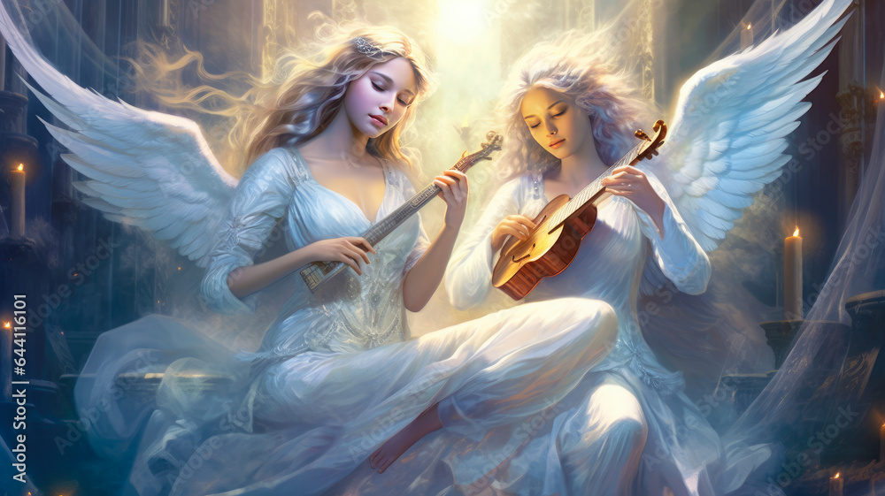 Angels Playing Musical Instruments, Creating a Celestial Symphony of Heavenly Sounds. AI Generated 8K. Angels Playing Musical Instruments, Creating a Celestial Symphony of Heavenly Sounds. AI Generated 8K.