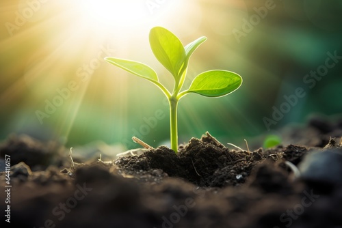 a close-up macro photo of a young green tree plant sprout growing up from the black soil, sunshine shinning a light. Growth new life concept.