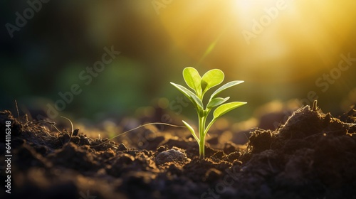 a close-up macro photo of a young green tree plant sprout growing up from the black soil, sunshine shinning a light. Growth new life concept.