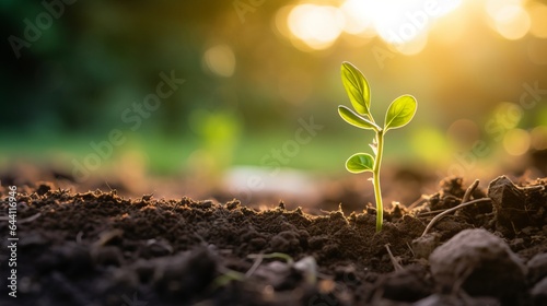 a close-up macro photo of a young green tree plant sprout growing up from the black soil  sunshine shinning a light. Growth new life concept.