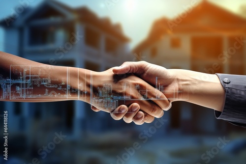 Two human hands shaking as if making a buying deal, with blue digital cyber overlay, a house in the background. © Romana