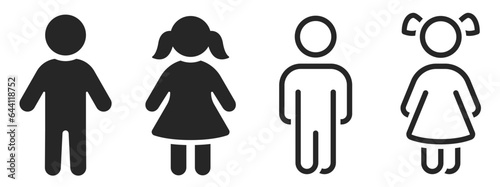 Girl and boy icons set. Children silhoutte. Kids icon flat and outline style - stock vector.