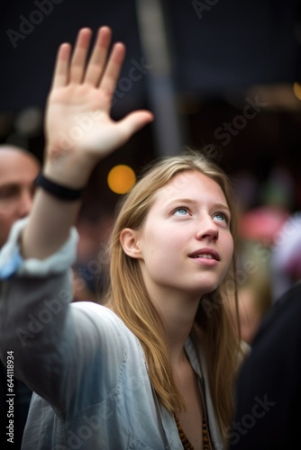 portrait of a young woman raising her hand at an event