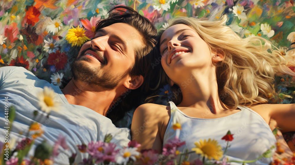 A couple in flowers field lying on a grass meadow A couple in flowers field lying on a grass meadow