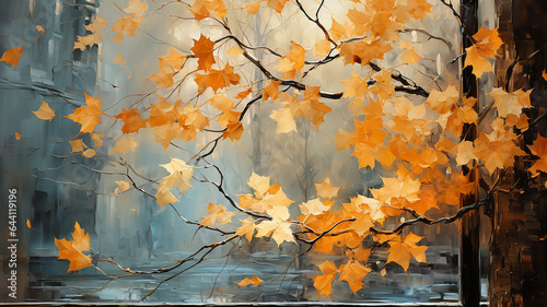 oil painting large brush strokes yellow autumn branches with leaves autumn background.