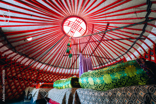 Interior of traditional yurt in Jetii Oguz valley Kyrgyzstan.