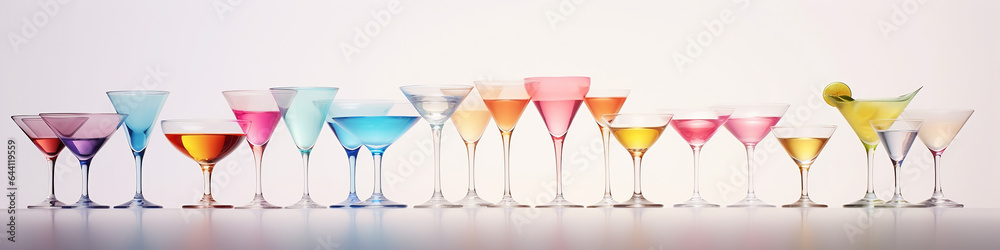 a row of multicolored cocktails isolated on a white background.