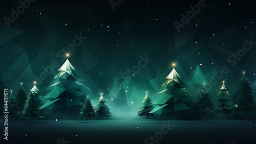 polygonal simple christmas background with green christmas tree and copy space minimalism greeting card.