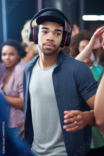 portrait of a young man dancing with his friends at a silent disco photo