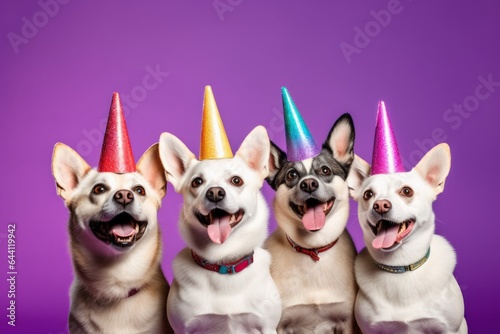 Group portrait photography of a funny norwegian lundehund wearing a unicorn horn against a vibrant purple background. With generative AI technology