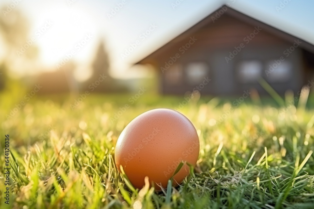 Fresh raw chicken egg on green grass on farm background with sunlight Fresh raw chicken egg on green grass on farm background with sunlight