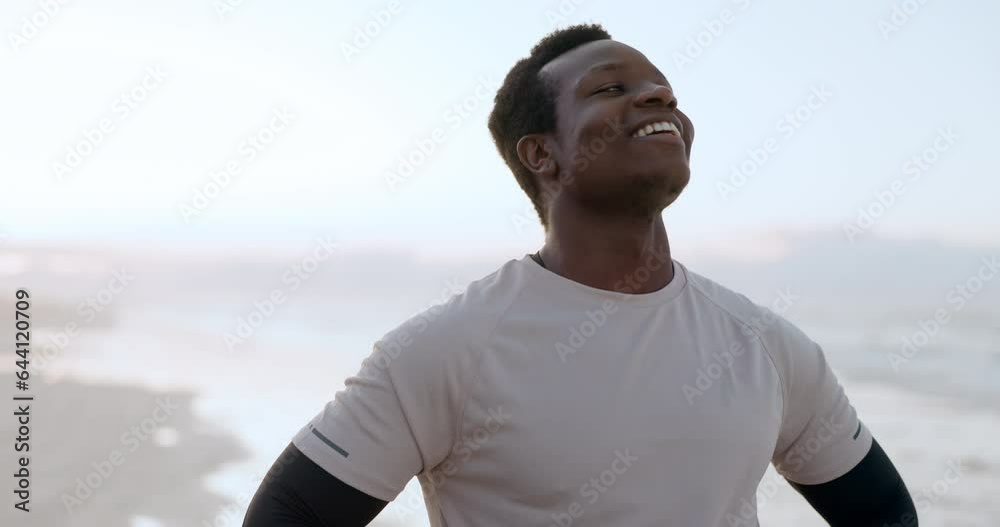 Relax, fitness or black man runner on beach on outdoor exercise in Cape Town with smile or gratitude. Peace, breathing or happy African athlete on break from running in training or workout on sand