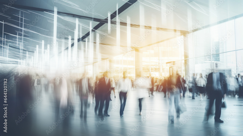 blurred people walking in a modern hall