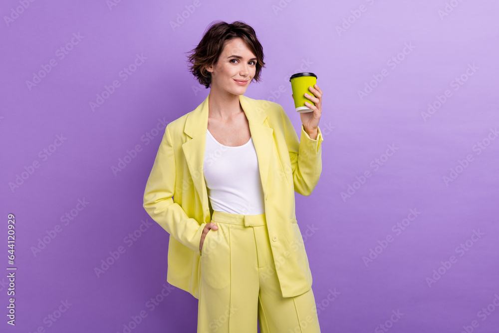 Photo of funky adorable woman dressed yellow jacket enjoying coffee isolated purple color background Photo of funky adorable woman dressed yellow jacket enjoying coffee isolated purple color background