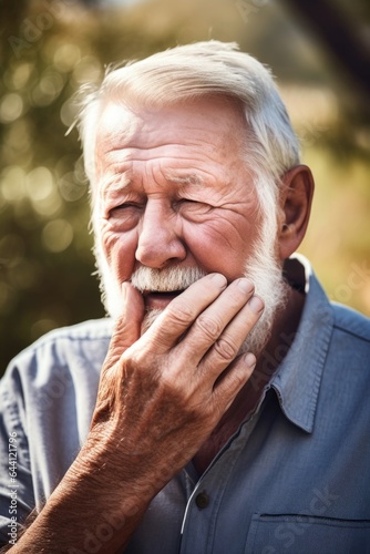 shot of an older man touching his face while standing outdoors