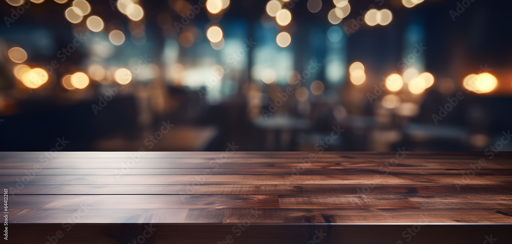 Wooden table standing in the pub, bar, cafe or restaurant in front of the blurred background with beautiful soft bokeh. Wooden table standing in the pub, bar, cafe or restaurant in front of the blurred background with beautiful soft bokeh.
