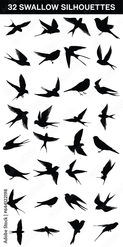 Collection of Swallows silhouette isolated on white background
