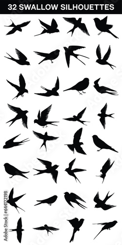 Collection of Swallows silhouette isolated on white background 