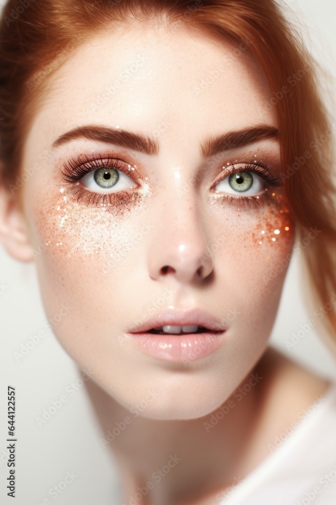 Fototapeta premium shot of a beautiful woman with sparkles on her eyes against a white background
