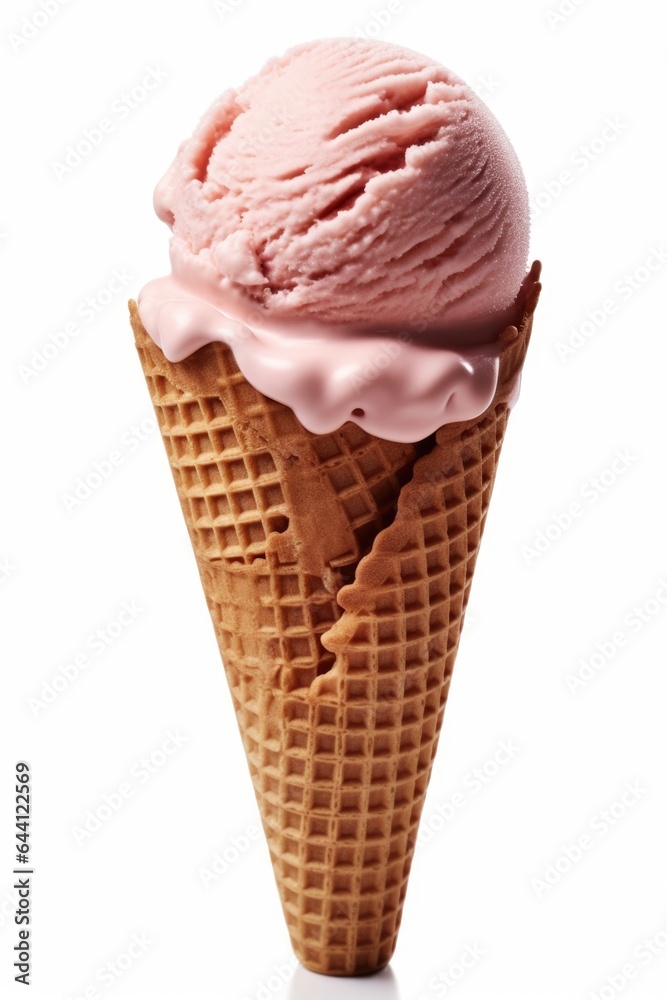 A waffle cone with a pink ice cream in it. Digital image.