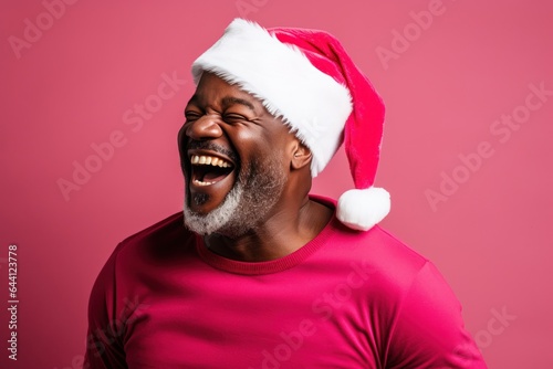 Dark-skinned man wearing a Santa Claus hat on a red background. © Fotograf