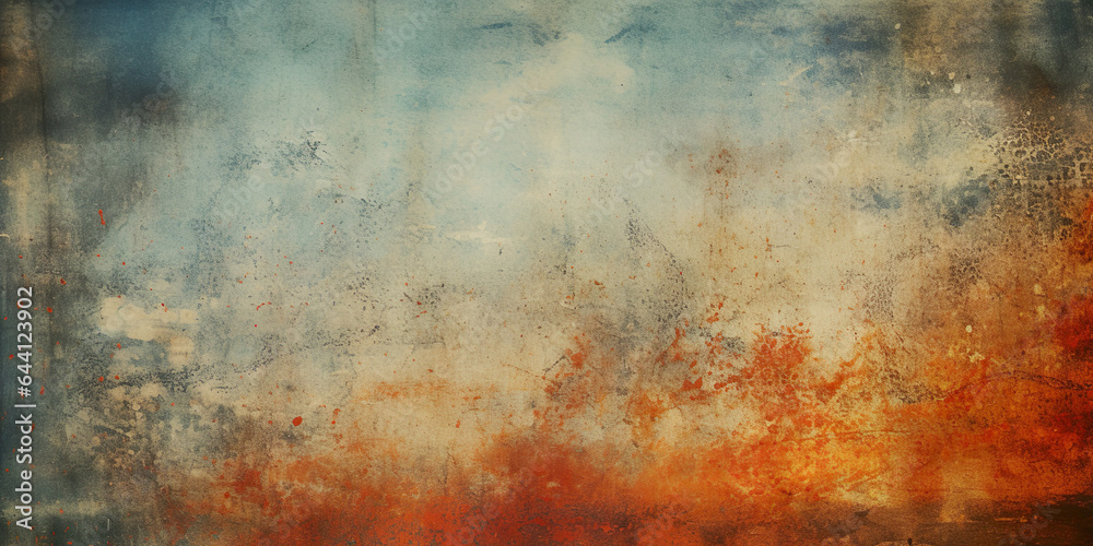 An abstract and artistic background with a weathered, grunge texture in various shades of blue and orange. 